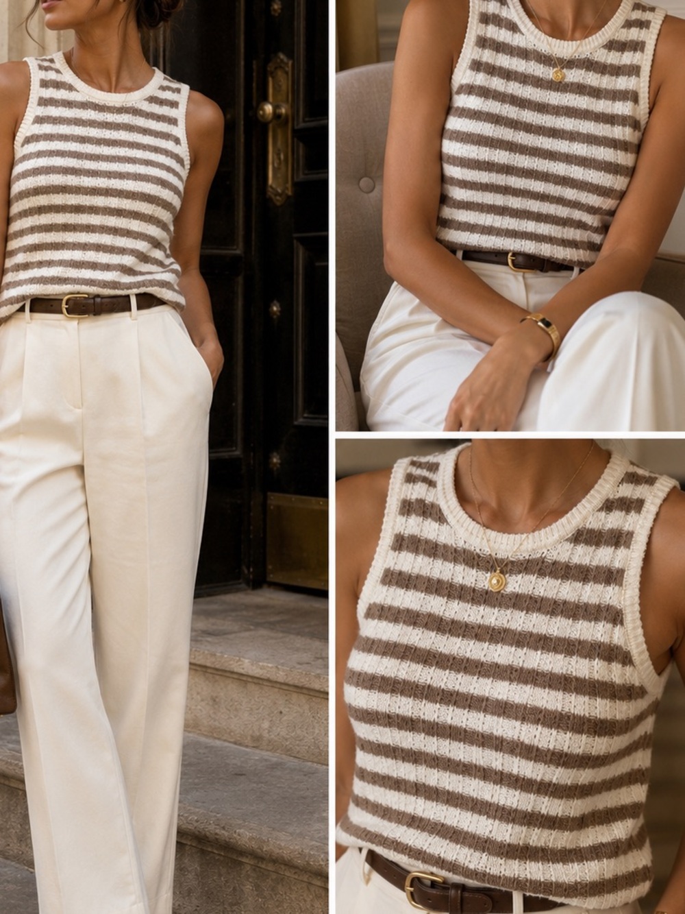 Halogen Striped Knit Tank Top in Brown & Cream